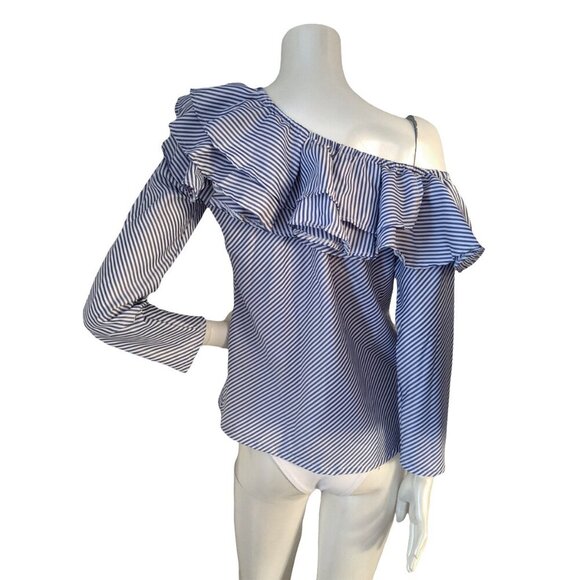 Asymmetrical Off Shoulder Ruffle Neckline Stripe Blouse Top Summer Blue White - Picture 3 of 6